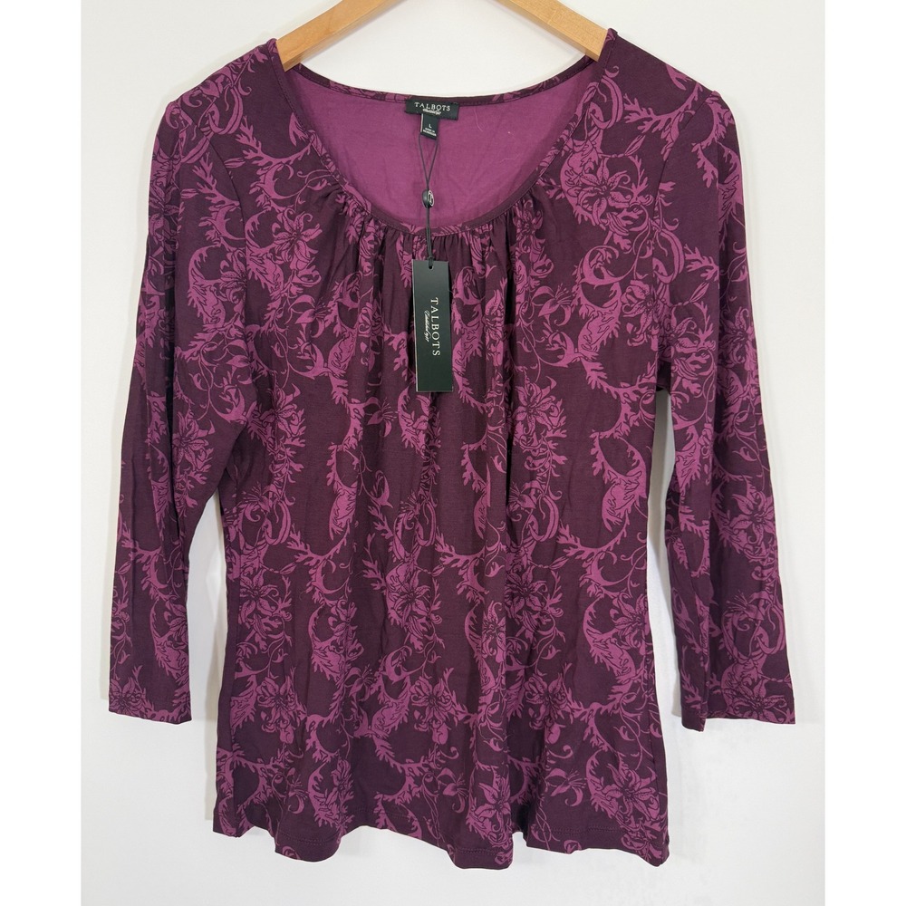 NWT Talbots Women L Plum Purple Damask Floral Scoop Neck 3/4 Sleeve Top Pullover